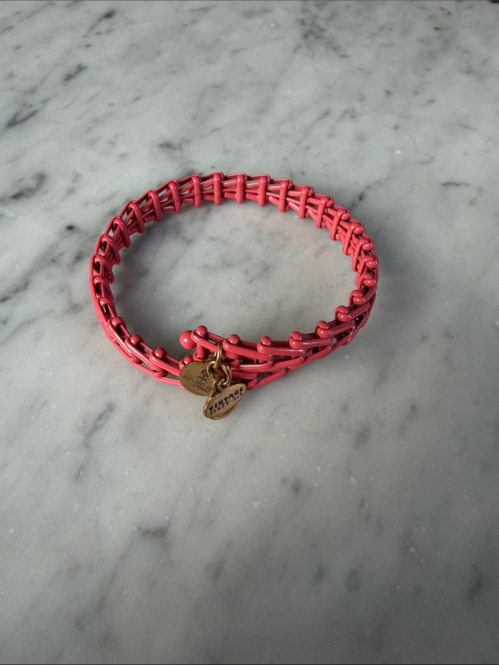 Alex and Ani Coral Pink Woven Bracelet with Gold Charms